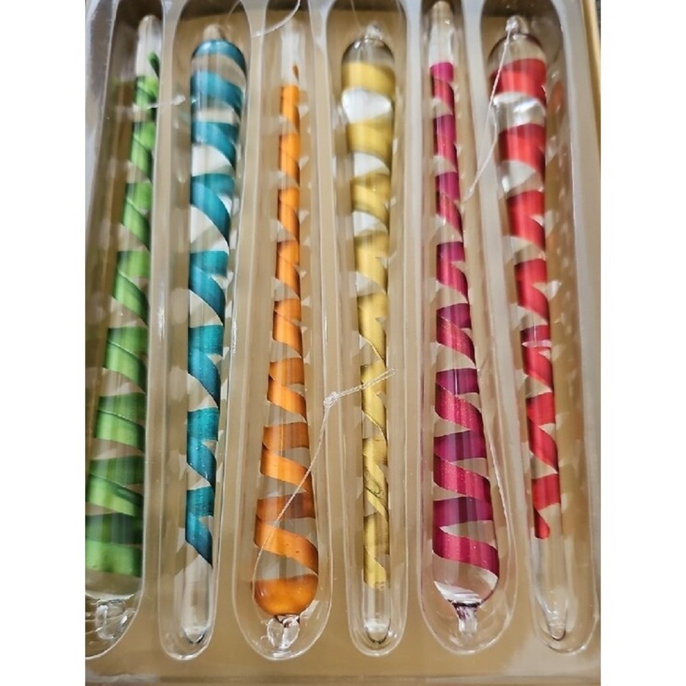 Pier 1 Imports Glass Icicle Ornaments Set of 6 Multicolor Spiral Holiday Decor